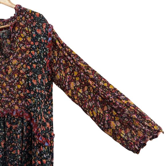 By Anthropologie Helene Black Floral Ruffled Chiffon Semi Sheer Tunic Dress Med. - Picture 7 of 16